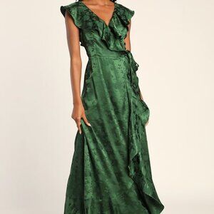Lulus Romantic Occasion Emerald Green Satin Floral Jacquard Maxi Dress - Size L